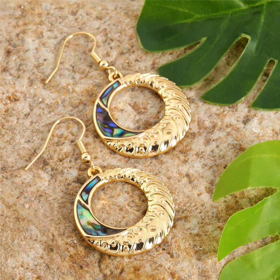 Carved Round Earrings With Abalone