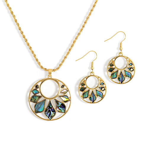 Set Of Double Circle With Abalone Earrings And Necklace