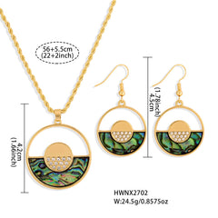 Set Of Double Circles Earrings And Necklace With Abalone And White Zircons