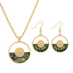 Set Of Double Circles Earrings And Necklace With Abalone And White Zircons