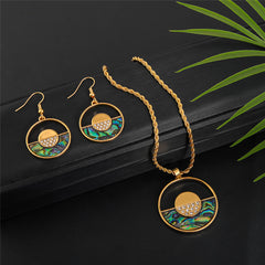 Set Of Double Circles Earrings And Necklace With Abalone And White Zircons