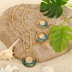 Set Of Double Circles Earrings And Necklace With Abalone And White Zircons