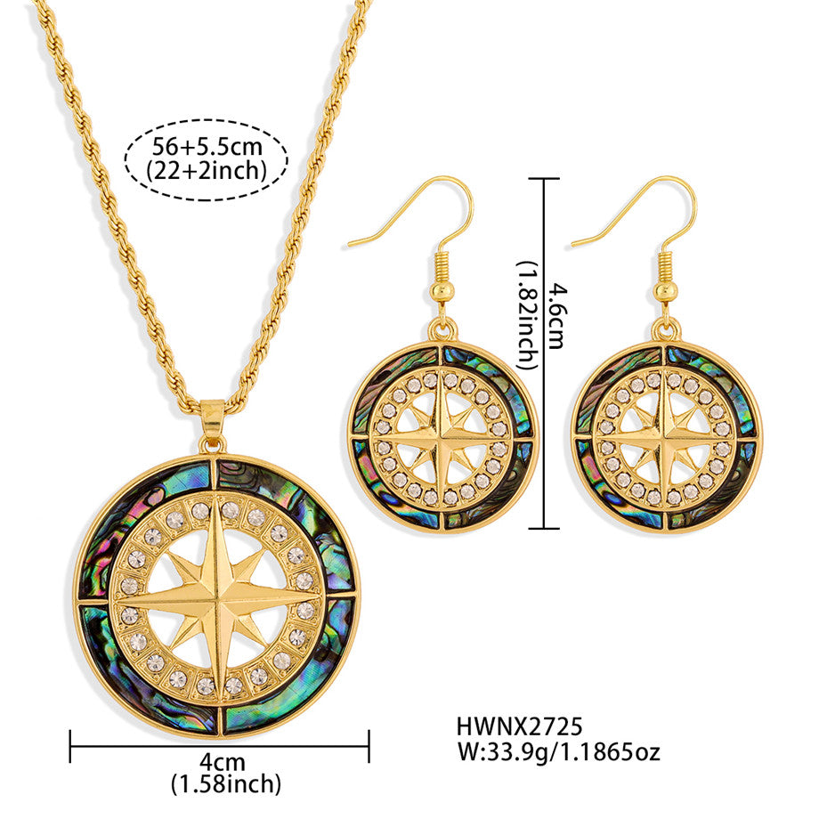 Set Of Abalone Compass With White Zircons Earrings And Necklace