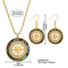 Set Of Abalone Compass With White Zircons Earrings And Necklace