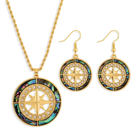 Set Of Abalone Compass With White Zircons Earrings And Necklace