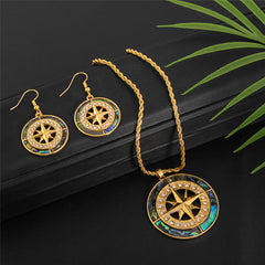 Set Of Abalone Compass With White Zircons Earrings And Necklace