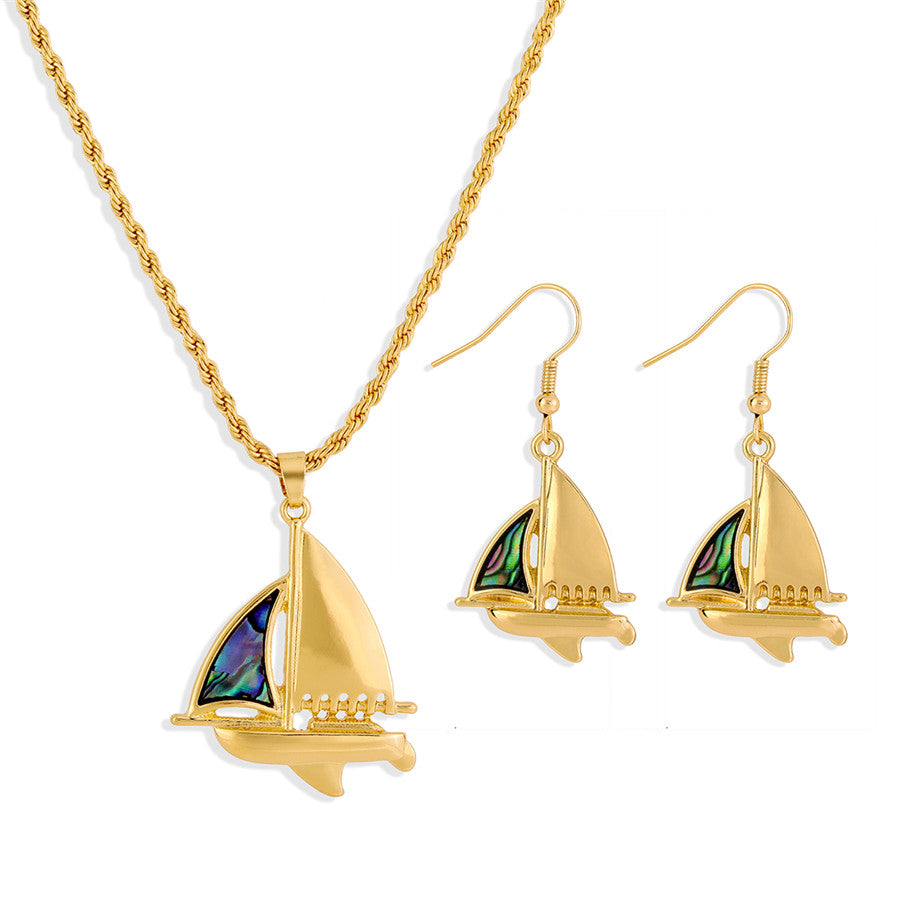 Set Of Sailboat With An Abalone Earrings And Necklace