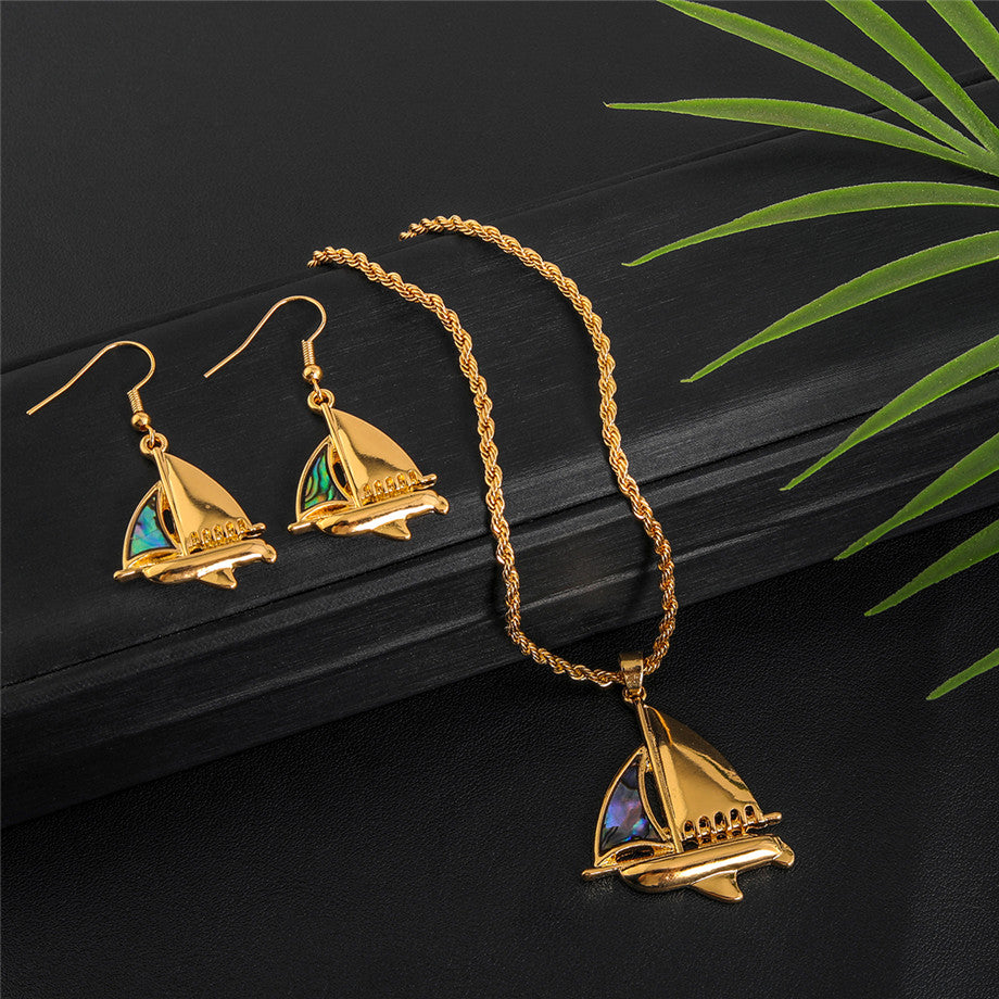 Set Of Sailboat With An Abalone Earrings And Necklace