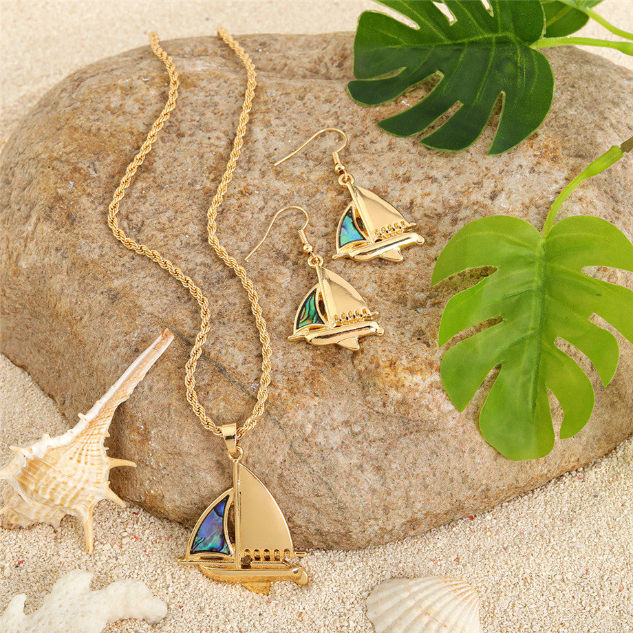 Set Of Sailboat With An Abalone Earrings And Necklace