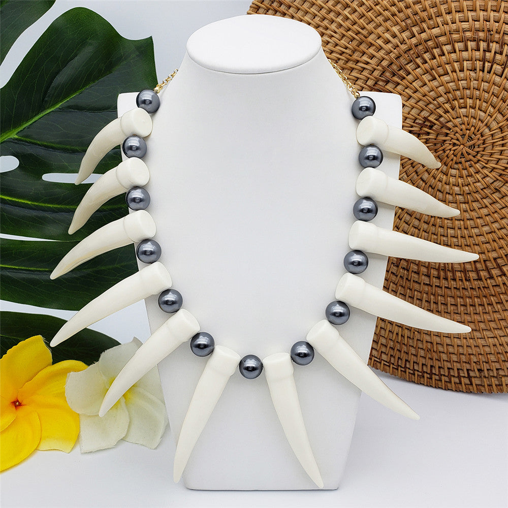 Hawaiian Ula Nifo Necklace In Different Styles With White Teeth And Petrol Pearls