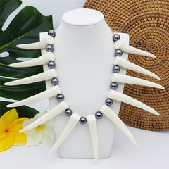 Hawaiian Ula Nifo Necklace In Different Styles With White Teeth And Petrol Pearls