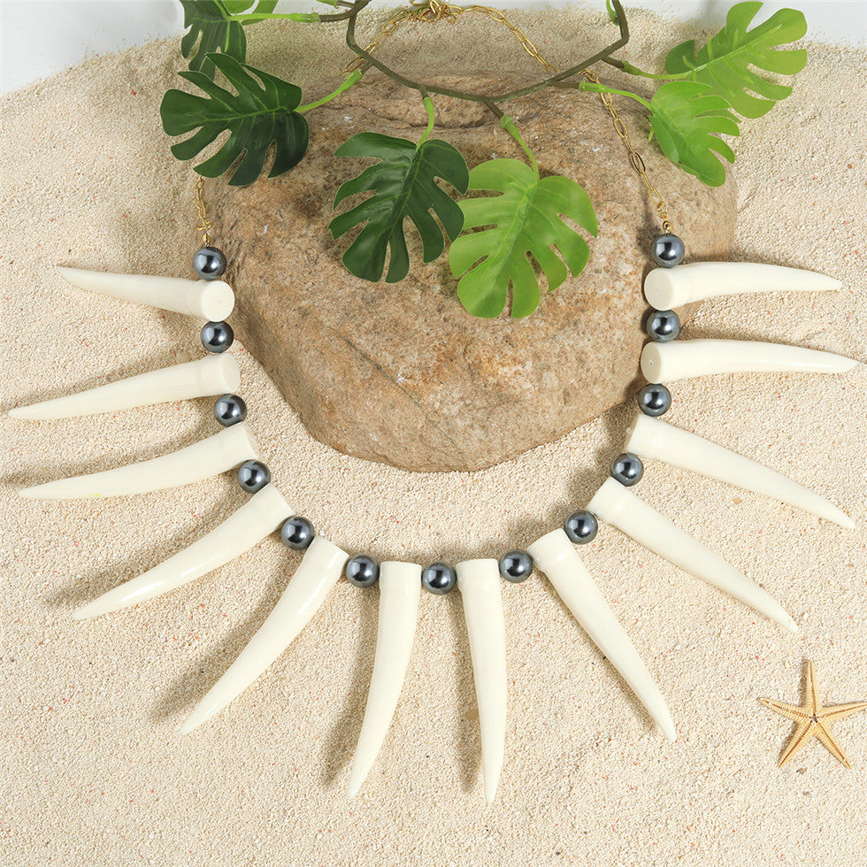 Hawaiian Ula Nifo Necklace In Different Styles With White Teeth And Petrol Pearls