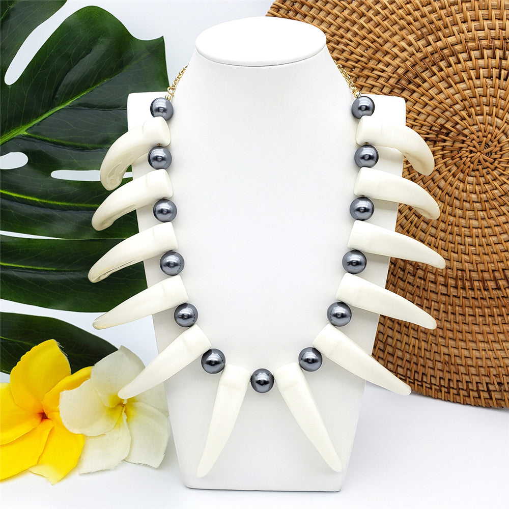 Hawaiian Ula Nifo Necklace In Different Styles With White Teeth And Petrol Pearls