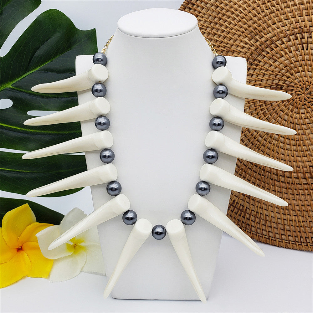 Hawaiian Ula Nifo Necklace In Different Styles With White Teeth And Petrol Pearls