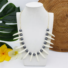 Hawaiian Ula Nifo Necklace In Different Styles With White Teeth And Petrol Pearls