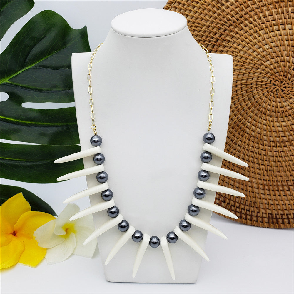 Hawaiian Ula Nifo Necklace In Different Styles With White Teeth And Petrol Pearls