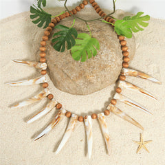 Hawaiian Ula Nifo Necklace With Teeth In 2 Different Colors And Wooden Beads