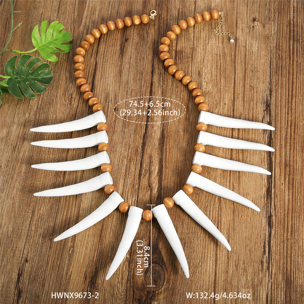 Hawaiian Ula Nifo Necklace With Teeth In 2 Different Colors And Wooden Beads