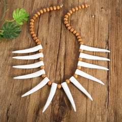 Hawaiian Ula Nifo Necklace With Teeth In 2 Different Colors And Wooden Beads