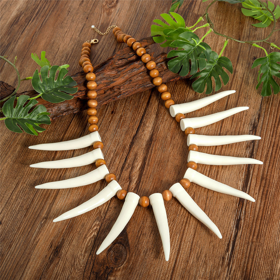 Hawaiian Ula Nifo Necklace With Teeth In 2 Different Colors And Wooden Beads