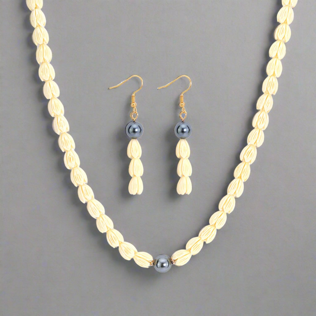 Set Of Hawaiian Ivory Color Pikake Flower Beads Necklace And Drop Earring With Petrol Pearl