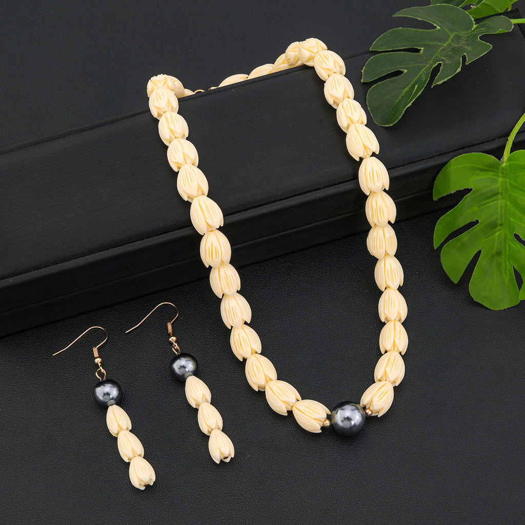 Set Of Hawaiian Ivory Color Pikake Flower Beads Necklace And Drop Earring With Petrol Pearl