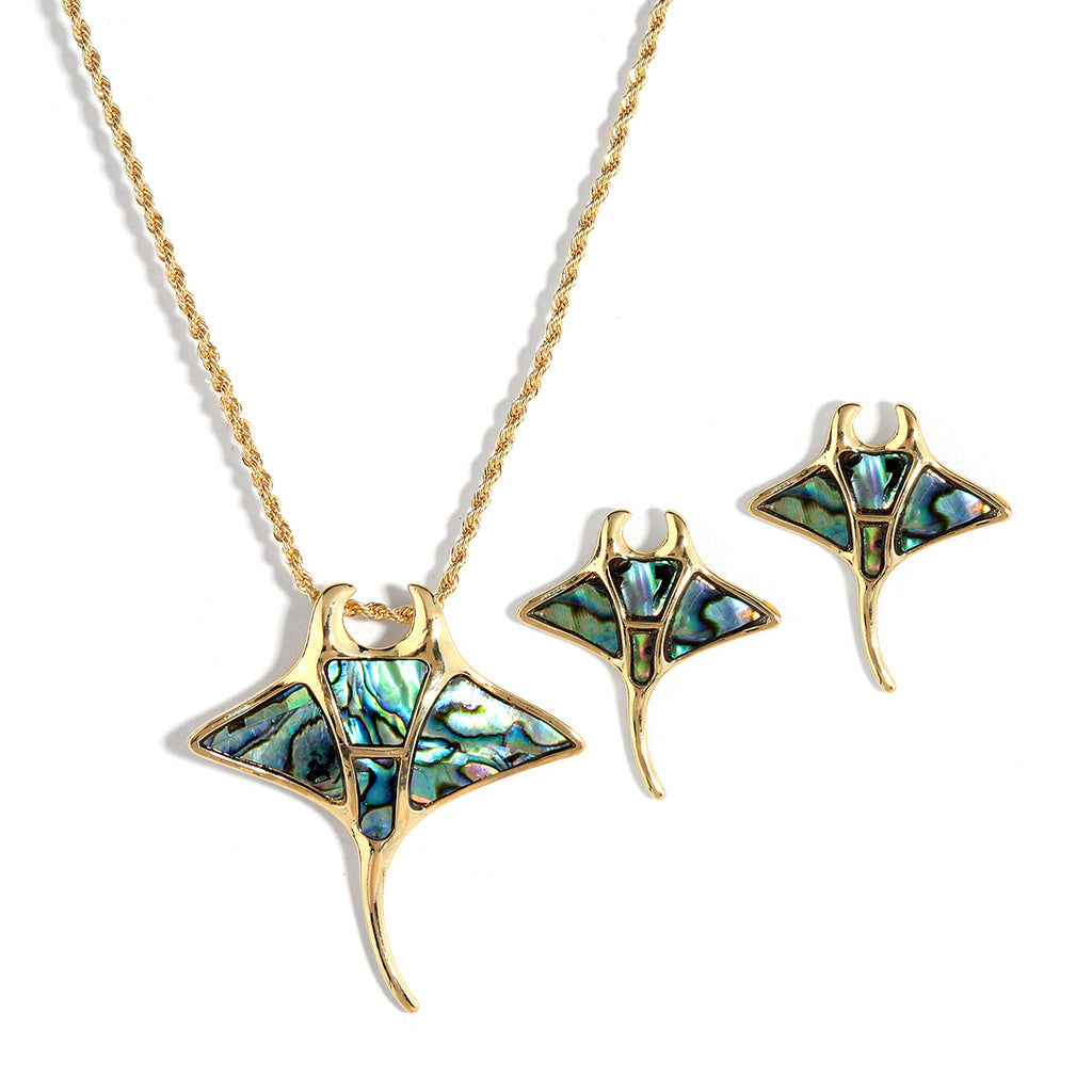 Set Of Metallic Green-Purple Manta Ray Fish Earrings And Necklace