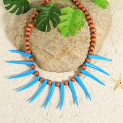 Hawaiian Ula Nifo Necklace With Blue Teeth And Wooden Beads In 2 Different Styles