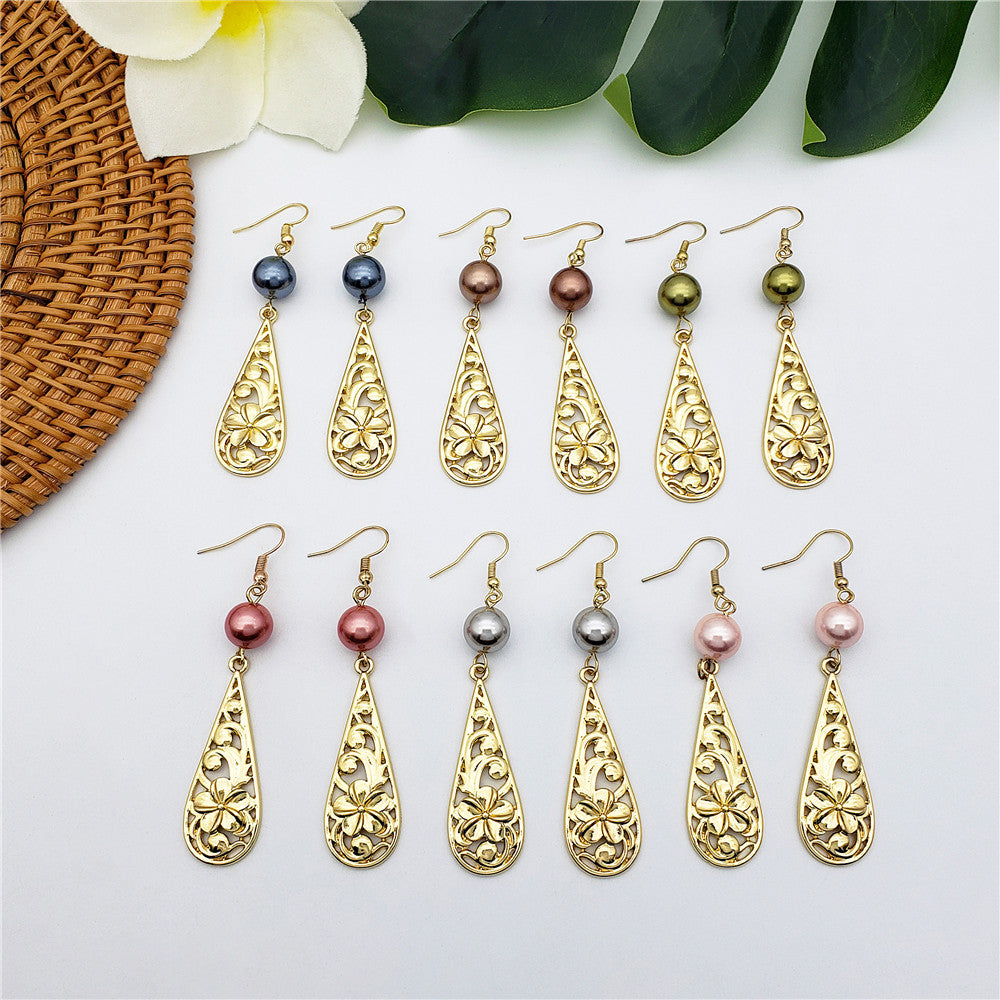 Set Of Carved Plumeria Flower And Leaves Teardrop Earrings And Necklace Sustained With A Pearl In Different Colors