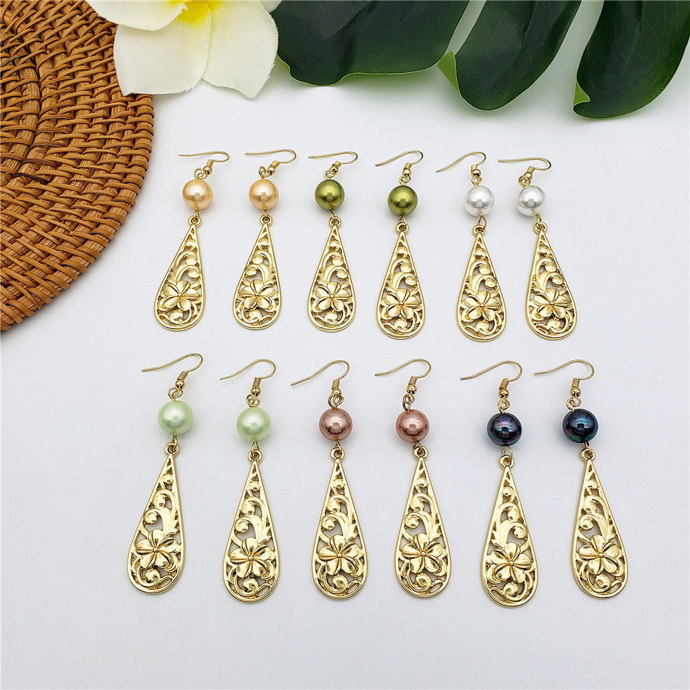 Set Of Carved Plumeria Flower And Leaves Teardrop Earrings And Necklace Sustained With A Pearl In Different Colors