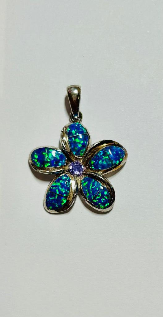 Sterling Silver 925 Opal Plumeria Pendant with Tanzanite Color Cubic Zirconia