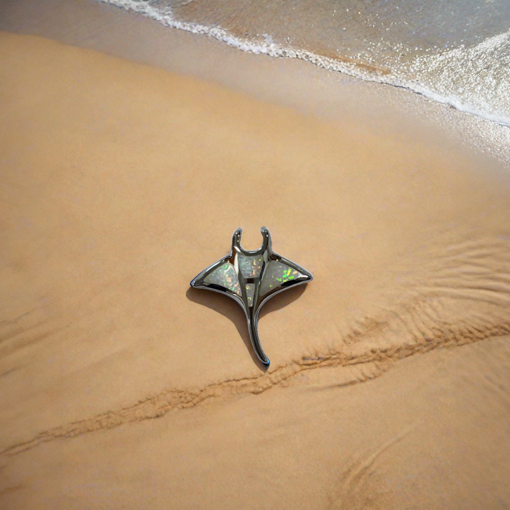 Sterling silver Hawaiian Manta Ray Pendant With White Opal In 2 Different Sizes