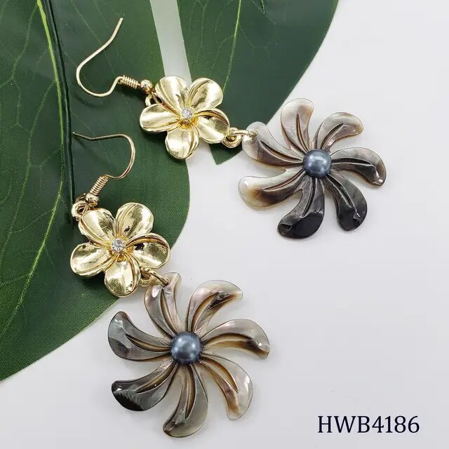 Double Hawaiian Flower Earrings With Black Lip Shell, Petrol Pearl And White Zircon