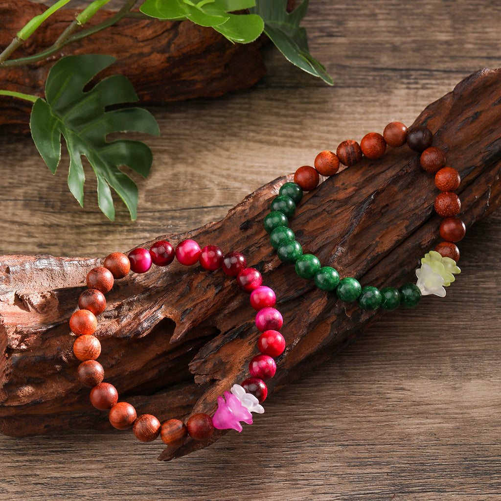 Hawaiian Wooden Beads Bracelet With Triple Flowers In Different Colors