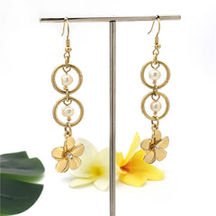 Hawaiian Round Drop Shell Pearl Earrings Sustained With Plumeria Flower Charm Centered With A White Zircon In 2 Different Styles