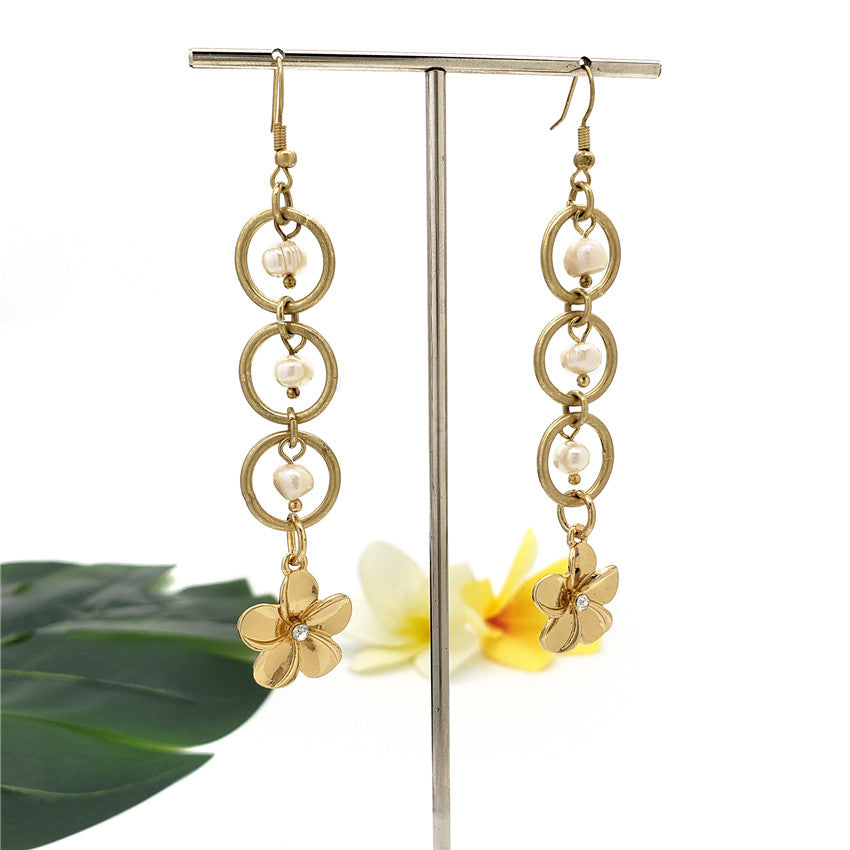 Hawaiian Round Drop Shell Pearl Earrings Sustained With Plumeria Flower Charm Centered With A White Zircon In 2 Different Styles