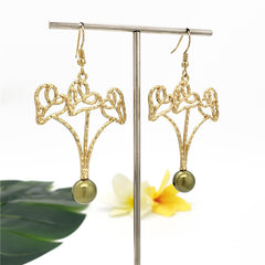 Triple Beating Heart Earrings Sustained With An Ivory Color Pikake Flower Bead Or A Pearl In Different Colors