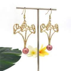 Triple Beating Heart Earrings Sustained With An Ivory Color Pikake Flower Bead Or A Pearl In Different Colors