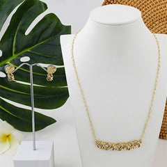 Set Of Hawaiian Blooming Flowers & Leaves Branch Earrings And Necklace With White Zircons