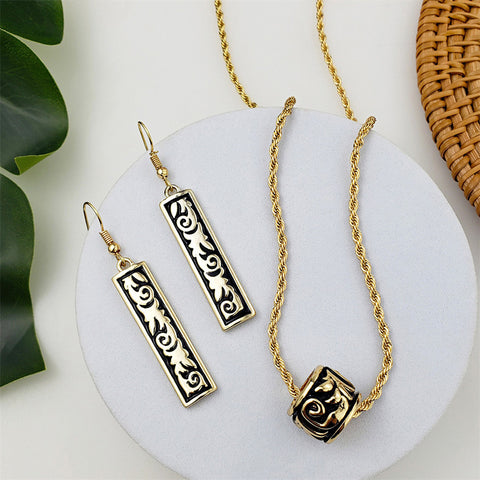 Set Of Carved Branches & Leaves Bar Earrings And Barrel Necklace