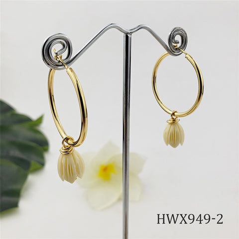 Circle Hoop Earrings With An Ivory Color Pikake Flower Bead