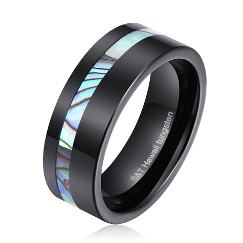 Hawaiian Black Tungsten Ring With Abalone Shell Inlay