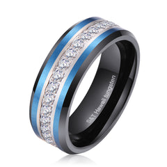 Hawaiian Black Tungsten White Zircons Ring With Silver And Blue Inlay