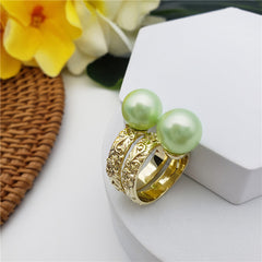 Carved Flowers & Leaves Double Ring With Double Pearl In Different Colors