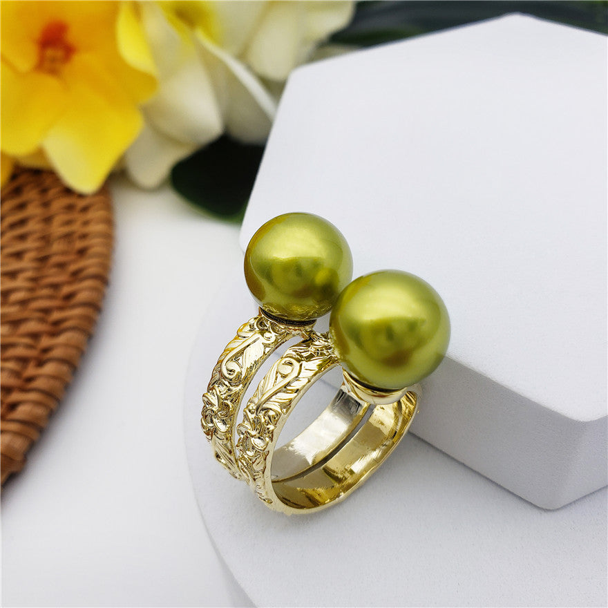 Carved Flowers & Leaves Double Ring With Double Pearl In Different Colors