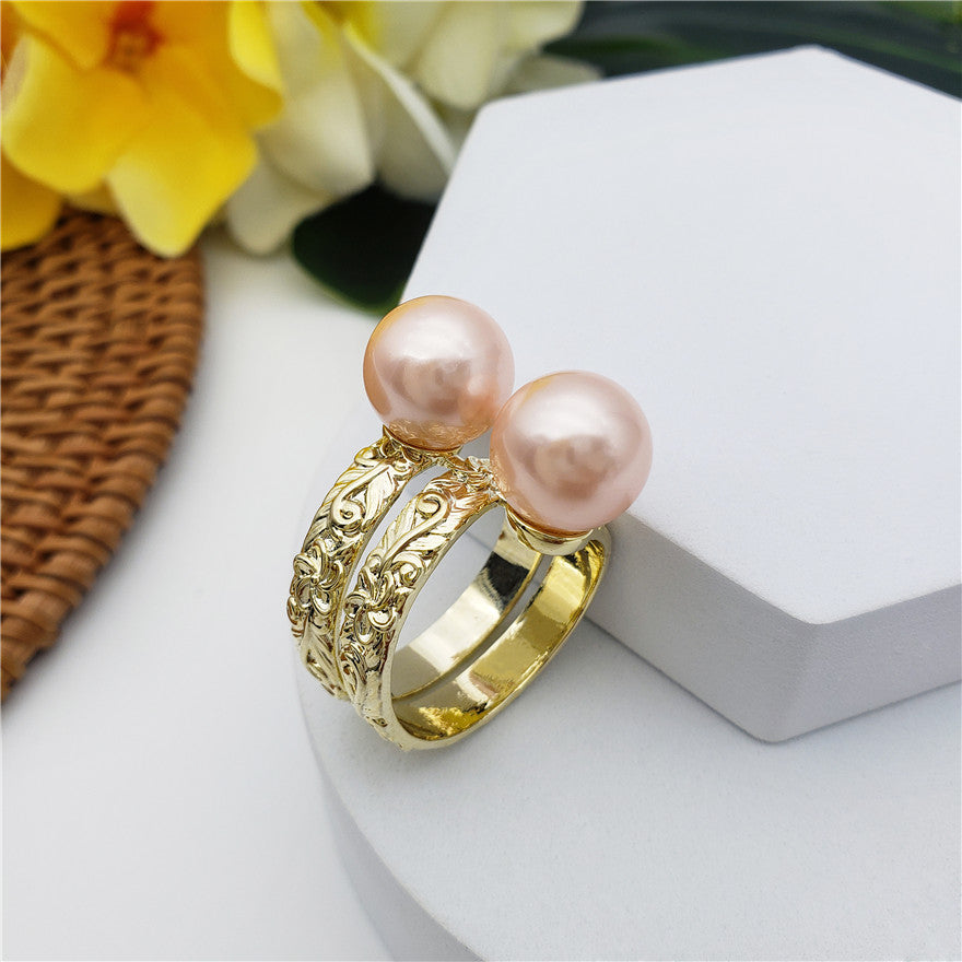 Carved Flowers & Leaves Double Ring With Double Pearl In Different Colors