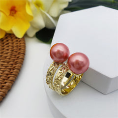 Carved Flowers & Leaves Double Ring With Double Pearl In Different Colors