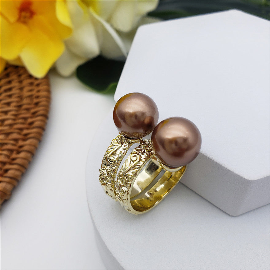 Carved Flowers & Leaves Double Ring With Double Pearl In Different Colors