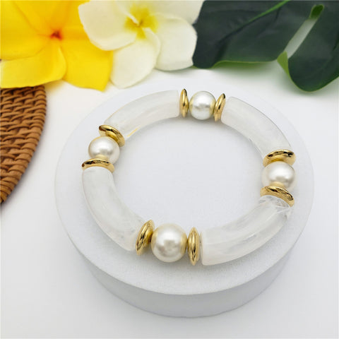 White Jade Bar Bracelet With Light Silver Pearl