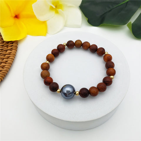 Hawaiian Wooden And Golden Beads Bracelets With Petrol Pearls In 2 Styles